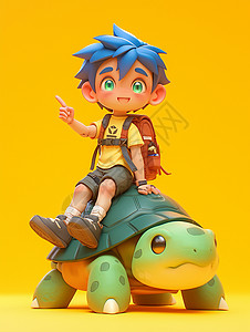 坐在绿色乌龟身上背着书包的可爱卡通小男孩高清图片
