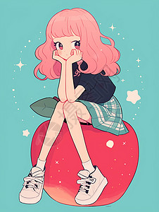 坐在红苹果上粉色短发的卡通小女孩背景图片