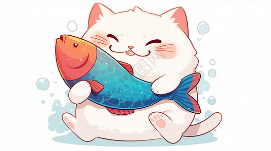 猫开心抱着大大的鱼笑的卡通小花猫插画