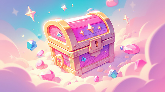 游戏钻石装满钻石的卡通粉色百宝箱插画