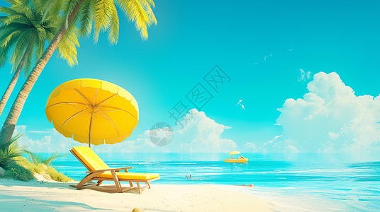 遮阳伞图片夏天海边一把休闲躺椅和一把黄色大大的遮阳伞插画