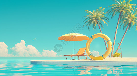 夏天海边一把休闲躺椅和一把黄色遮阳伞高清图片