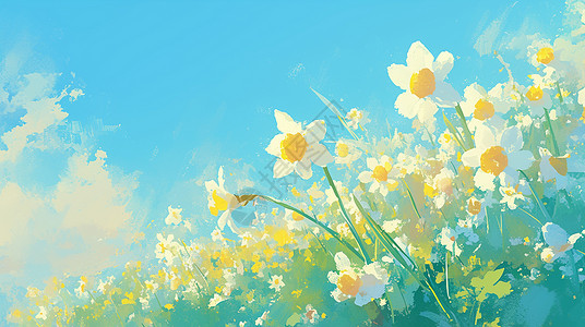 花朵白色白云下一片白色梦幻的卡通花丛插画