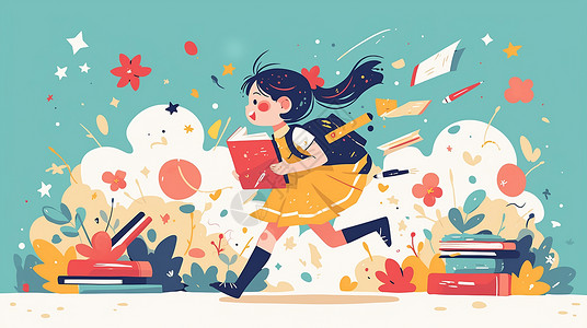 奔跑小学生抱着书本开心奔跑的卡通可爱小女孩插画