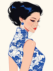 古风旗袍美女穿青花瓷旗袍的优雅的卡通女人插画