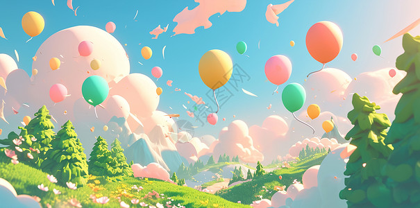 山坡森林抽象唯美的卡通森林上空飞着热气球插画