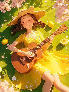 草丛中椰子树穿黄色连衣裙的卡通女孩躺在草丛中开心弹吉他插画