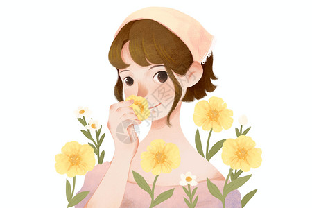 春季美女春天花卉人物春季黄色鲜花少女插画