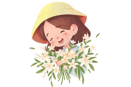 戴口罩的女生人物春季鲜花戴遮阳帽少女插画