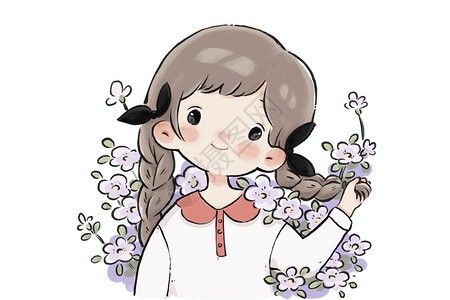 气垫美女春天花卉人物春季鲜花长辫子少女插画