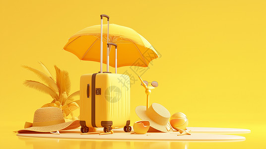 黄河石林黄色卡通旅行箱和度假用品插画