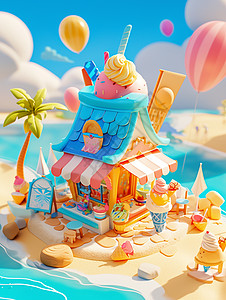 沙滩上的可爱卡通冰激凌屋背景图片