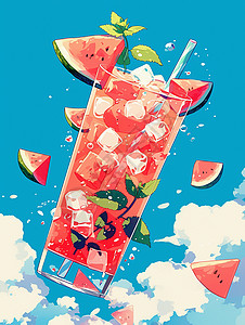 泡在西瓜汁里在蓝色天空中一杯美味的卡通西瓜汁插画