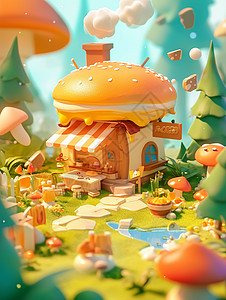 森林中的卡通可爱汉堡屋高清图片