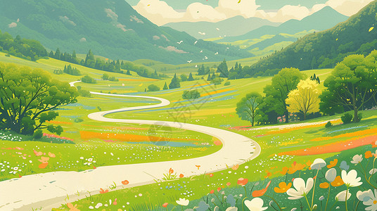 乡间风景漫山遍野的绿色一条到往远处唯美的卡通乡间小路插画