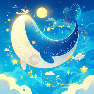 云朵月亮云朵间一条可爱的卡通鲸鱼儿童插画插画