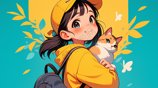 抱着兔子女孩戴着帽子穿黄色上衣的可爱卡通女孩抱着宠物插画