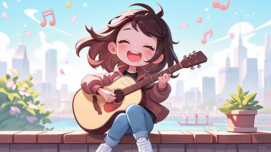 开心弹吉他的可爱卡通小女孩高清图片