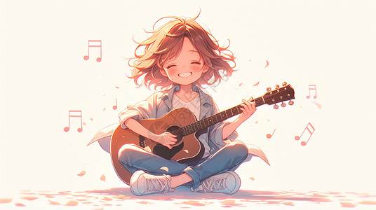 可爱乐器弹吉他的可爱卡通小女孩插画