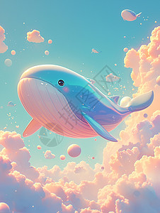 空中的一头巨大的卡通鲸鱼梦幻场景高清图片