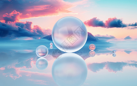 抽象山脉3d玻璃球体夕阳山脉场景设计图片