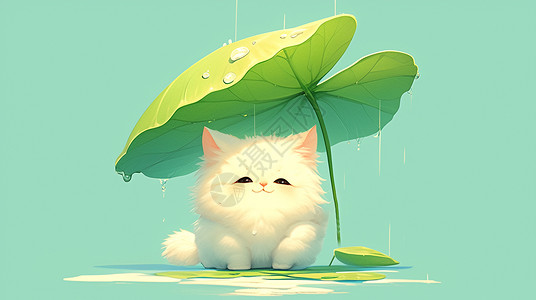 在听音乐小猫雨中在荷叶下躲雨的可爱卡通小白猫插画