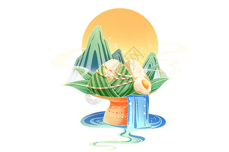 白糯米国潮风端午节托盘上的粽子和流水插画
