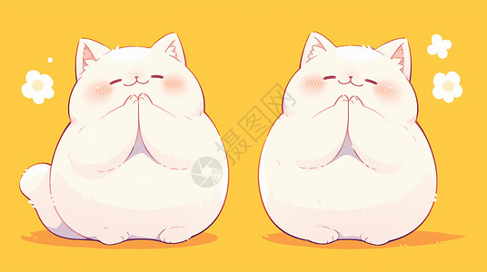 黄色的猫胖乎乎可爱的卡通猫双手合十插画