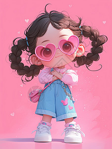 戴墨镜小女孩戴着粉色眼镜的可爱卡通小女孩插画