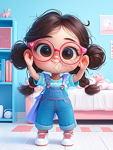 戴墨镜小女孩戴着粉色眼镜的可爱卡通女孩插画