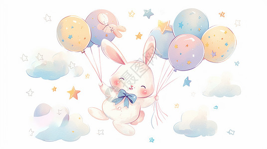 彩色气球组合拿着彩色气球的可爱卡通小白兔在云朵上插画