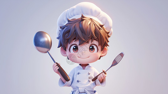 做饭的女厨师穿着厨师服装的可爱卡通男孩插画