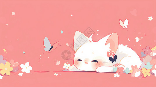 花丛中的蝴蝶在花丛中与蝴蝶一起玩耍的卡通小白猫插画