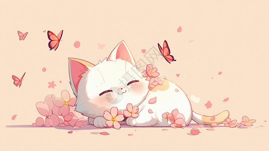 花丛中的蝴蝶在花丛中与蝴蝶一起玩耍的卡通小白猫插画