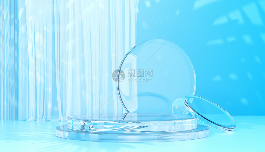 C4D夏日蓝色玻璃展台背景图片
