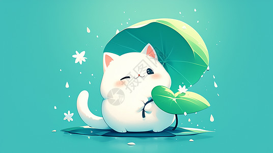 伞卡通拿着伞的可爱卡通小白猫插画