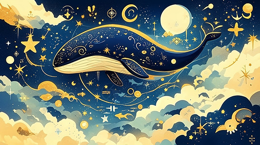 云朵月亮夜晚在天空中遨游的卡通大鱼插画