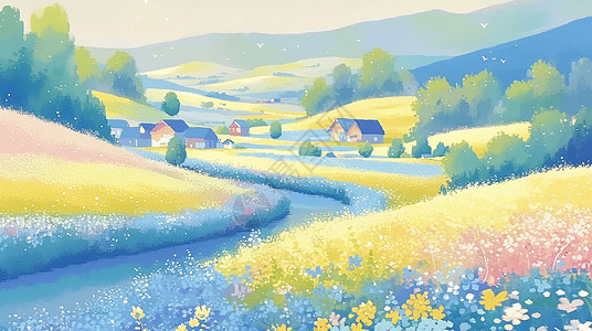 熏衣草花田遍野盛开着花朵的卡通小村庄插画