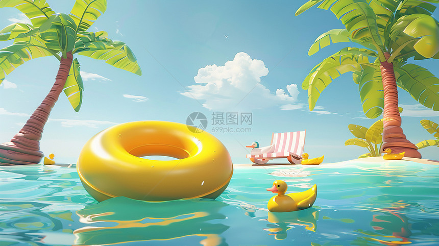 蓝色清澈的大海里一个黄色游泳圈与小黄鸭图片