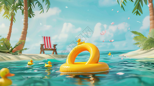 卡通黄色游泳圈干净清澈的大海边飘着一个黄色游泳圈与可爱的卡通小黄鸭插画