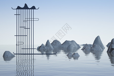 国画石榴中式水面场景设计图片