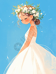 穿婚纱的女孩穿白色婚纱头戴花环小清新漂亮的卡通女孩插画