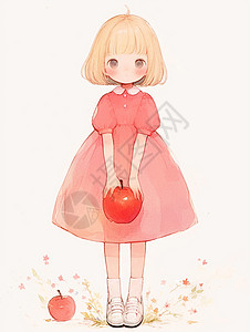 穿着粉色连衣裙手拿苹果的卡通小女孩插画