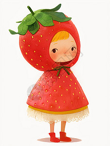 草莓女孩穿着草莓斗篷的可爱卡通女孩插画