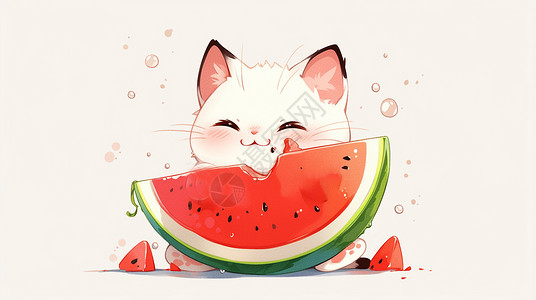 可爱白色小猫正在吃西瓜的卡通猫插画