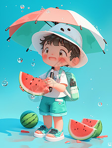 拿着雨伞吃西瓜的卡通小男孩高清图片
