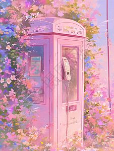 复古电话亭花丛深处藏着一个粉色卡通电话亭插画