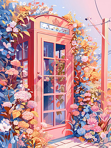 复古电话亭花丛深处藏着一个卡通电话亭插画