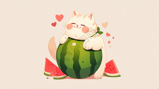 创意孩子抱西瓜抱着大大的西瓜的可爱小猫插画