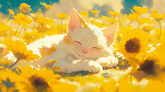 黄色的花朵趴在黄色花丛中开心睡觉的小猫插画